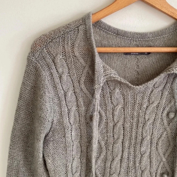 Prana Gray wool blend Cable Knit Wool Blend Fringe knit long sleeve Sweater top - Picture 5 of 10